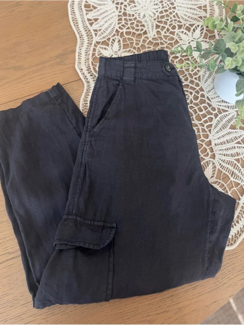 Rachel Roy 100% Linen Cargo Pants Black Size Small Pull On Cropped Utility